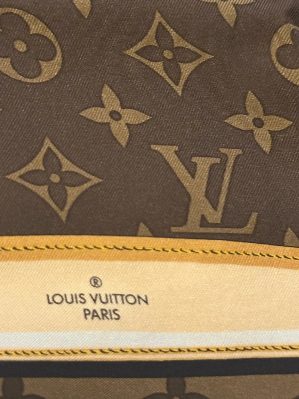 Louis Vuitton Brown and Tan Monogram Silk Scarf with Gold Chain Motif - Picture 5 of 5